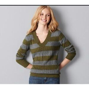 LOFT Green Gray Striped Sweater Women’s L Wool Blend V-Neck Cable Knit Soft Cozy